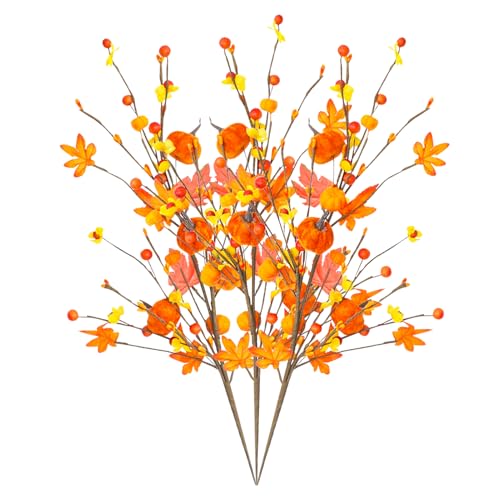 Nexoria Herbstdeko Zweige Künstlich, 3 Stück Künstlicher Herbstzweig mit Eicheln Beeren Ahornblätter Kürbis Blumenstrauß Herbstzweige Künstliche für Vasen Herbst Girlande von Nexoria