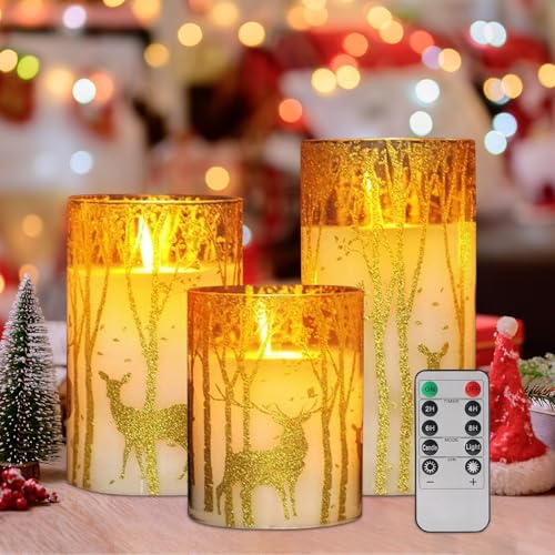 Nexoria Led Kerzen mit Fernbedienung, 3 Stück Led Kerzen Weihnachten Elch Led Kerzen Flackernde Flamme Flammenlose Kerzen Im Glas Elch Batteriebetriebene Kerzen Led Kerze mit Timer für Weihnachtsdeko von Nexoria