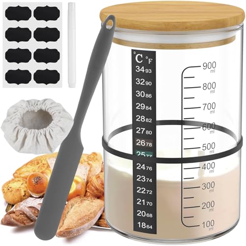 Nexoria Sauerteig Starter Set, Sourdough Starter Kit Mit Holzdeckel Sauerteig-Starterglas Mit Silikonspatel Sauerteig Starter Glas Thermometer Streifen Spatel Sauerteigstarter Behälter Zum Backen von Nexoria