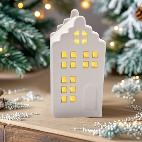 Nexoria Weihnachtsdeko Keramik Lichthäuser, Weihnachtsdorf mit Beleuchtet LED Weihnachtshäuser Porzellan Lichterhaus Weiß Windlicht Haus Weihnachtshäuser für Weihnachtsdeko Innen (A) von Nexoria