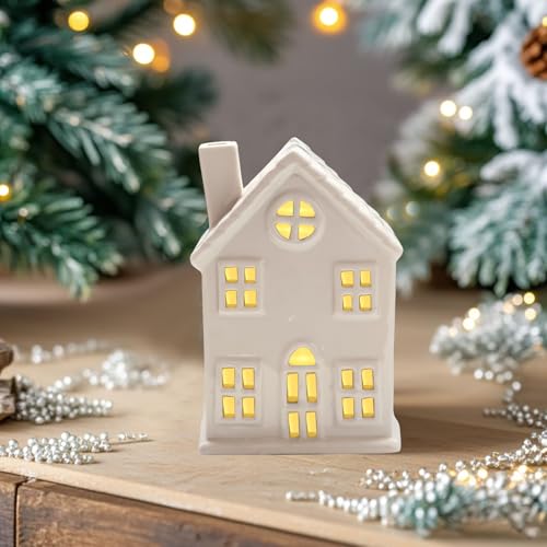 Nexoria Weihnachtsdeko Keramik Lichthäuser, Weihnachtsdorf mit Beleuchtet LED Weihnachtshäuser Porzellan Lichterhaus Weiß Windlicht Haus Weihnachtshäuser für Weihnachtsdeko Innen (B) von Nexoria