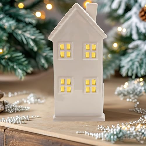 Nexoria Weihnachtsdeko Keramik Lichthäuser, Weihnachtsdorf mit Beleuchtet LED Weihnachtshäuser Porzellan Lichterhaus Weiß Windlicht Haus Weihnachtshäuser für Weihnachtsdeko Innen (D) von Nexoria