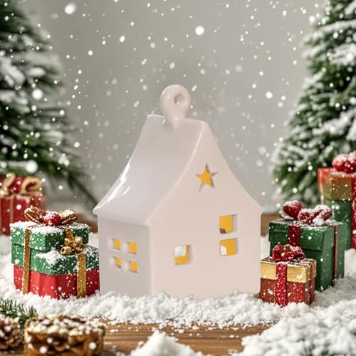 Nexoria Weihnachtsdeko Keramik Lichthäuser, Weihnachtsdorf mit Beleuchtet LED Weihnachtshäuser Porzellan Lichterhaus Weiß Windlicht Haus Weihnachtshäuser für Weihnachtsdeko Innen (G) von Nexoria