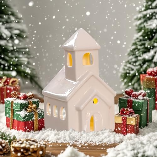 Nexoria Weihnachtsdeko Keramik Lichthäuser, Weihnachtsdorf mit Beleuchtet LED Weihnachtshäuser Porzellan Lichterhaus Weiß Windlicht Haus Weihnachtshäuser für Weihnachtsdeko Innen (H) von Nexoria