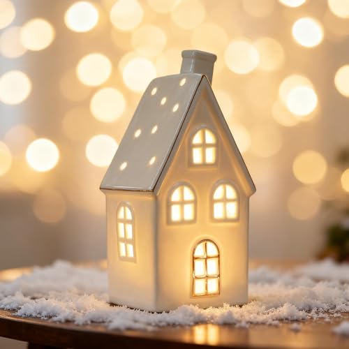 Nexoria Weihnachtsdeko Keramik Lichthäuser Weihnachtsdorf Beleuchtet Porzellan Lichterhaus Weiß LED Weihnachtshäuser Weisse Lichthaus Windlicht für Weihnachtsdeko Innen Winter (A) von Nexoria
