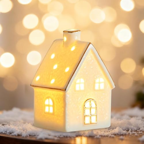 Nexoria Weihnachtsdeko Keramik Lichthäuser Weihnachtsdorf Beleuchtet Porzellan Lichterhaus Weiß LED Weihnachtshäuser Weisse Lichthaus Windlicht für Weihnachtsdeko Innen Winter (B) von Nexoria