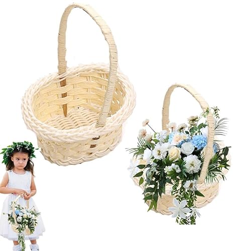 Rustikaler Blumenmädchen Korb, 2 Stück Hochzeit Blumenmädchen Körbe Körbchen mit henkel körbchen Weidenkorb mit Henkel Geflochtener Blumenkorb für Zuhause Hochzeit Party Dekoration,Rund von Nexoria