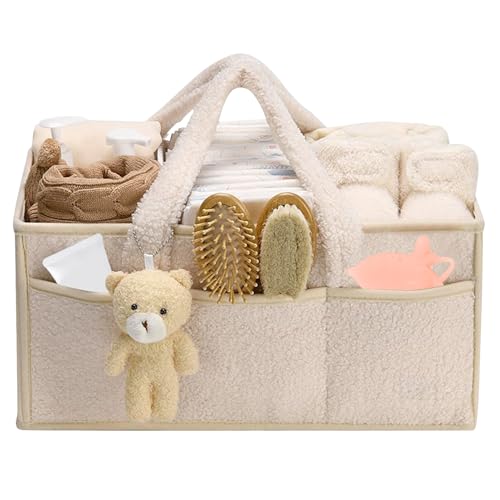 Wickeltasche Organizer, Tragbarer Wickelorganizer Plüsch Wickelkorb mit Bär Wickeltisch Organizer mit Wechselbaren Fächer Multifunktional Tragbar Wickel Organizer Wickelkorb für Babysachen (Beige) von Nexoria