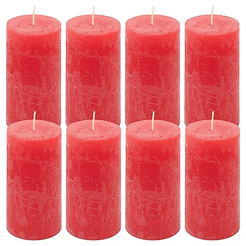 Rustik-Kerze Höhe 10 cm Ø 5 cm lange Brenndauer Rund-Kerze Säulenkerzen Kerzen-Deko Tafelkerzen Weihnachts-Kerzen Hochzeits-Deko (rot, 8) von Nexos Trading