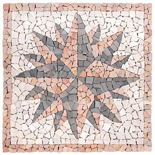 DIVERO Fliesen Rosone Windrose Naturstein Mosaik Marmor dekorativ creme-grau- rosé 90 x 90 cm Fliesenbild, Dekor-Fliese, Bodenfliese von Nexos Trading