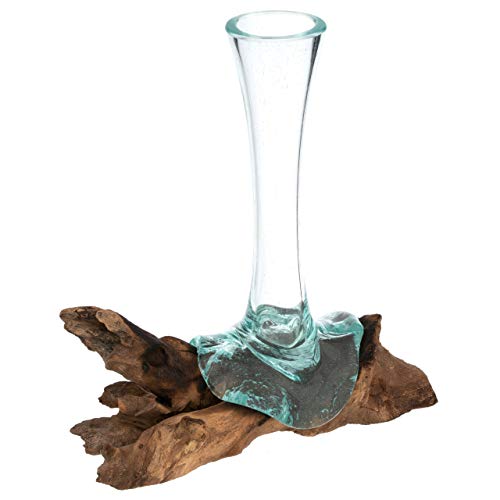 Nexos Trading Handgemachte mundgeblasene innovative Glasvase auf Wurzelholz moderne Dekovase aus Glas ca. 28x12x16 cm reine Handarbeit Vas Bunga Teak Holz von Nexos Trading