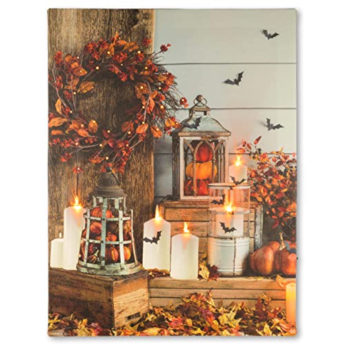 Nexos Trading LED Wandbild Leinwandbild mit Beleuchtung Fotodruck Halloween Kerzen 30 x 40 cm 5 LED warm weiß Kunstdruck Leuchtbild Wiese Vintage-Stil Herbst Blätter Fledermaus von Nexos Trading