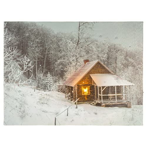 Nexos Trading LED Wandbild Leinwandbild mit Beleuchtung Fotodruck Hütte im Schnee 30x40 cm Kunstdruck Leuchtbild Winter Weihnachten Schnee 1 LED +40 Glasfaser-LED kaltweiß von Nexos Trading