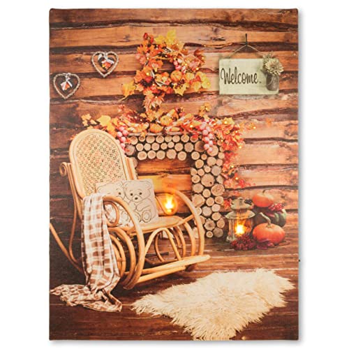 LED Wandbild Leinwandbild mit Beleuchtung Fotodruck Schaukelstuhl 30 x 40 cm 2 LED warm weiß Kunstdruck Leuchtbild Wiese Vintage-Stil Herbst Kamin von Nexos Trading