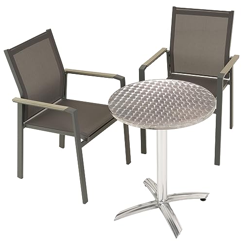 Nexos Trading 3er Set Bistro-Tisch rund klappbar 60cm Silber mit 2 Stapelstühlen Garten-Garnitur 2 Stapelstühle 1 Gartentisch Terrassen-Garnitur von Nexos Trading
