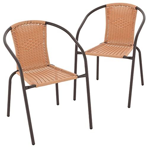 Nexos Trading 2er Set Bistrostuhl Stapelstuhl Balkonstuhl Rattanstuhl Gartenstuhl Terrassenstuhl Poly-Rattan Stahlgestell pflegeleicht stapelbar – Hellbraun von Nexos Trading