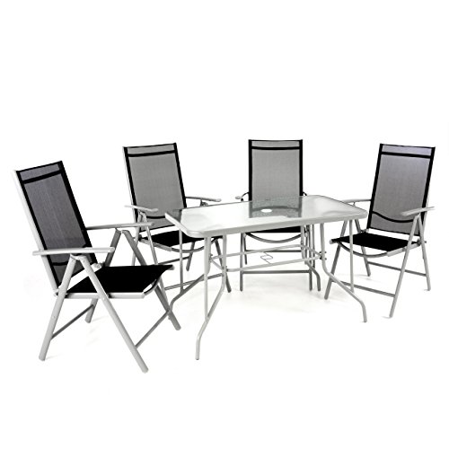 Nexos Trading 5-teiliges Gartenmöbel-Set – Gartengarnitur Sitzgruppe Sitzgarnitur aus Klappstühlen & Esstisch – Stahl Alu Glas – Textilene schwarz/Rahmen grau von Nexos Trading