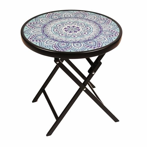 Nexos Trading Beistell-Tisch mit Glasplatte Gartentisch Terrassentisch Veranda-Tisch Balkontisch - Platte: Blau-Lila Gemustert– Gestell Schwarz – Ø 45 cm von Nexos Trading