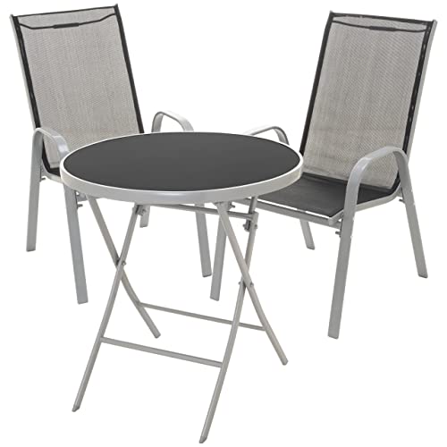 Nexos 3 TLG. Bistroset Almada – besteht aus Klapptisch & 2 x Stapelstuhl – Farbe: Schwarz + Grau von Nexos Trading