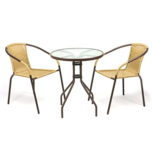 Nexos Trading Bistroset Balkonset Rattanset – Sitzgarnitur aus Glastisch & Bistrostuhl – Stahlgestell Poly-Rattan Glasplatte – robust stapelbar – beige von Nexos Trading