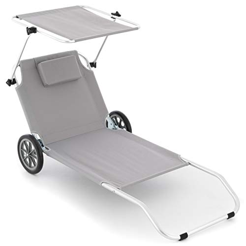 Nexos Trading Gartenliege Sonnenliege Liegestuhl Klappliege Räder und Sonnendach klappbare Liege aus Alu und Polyester Bespannung grau Trolleyfunktion von Nexos Trading