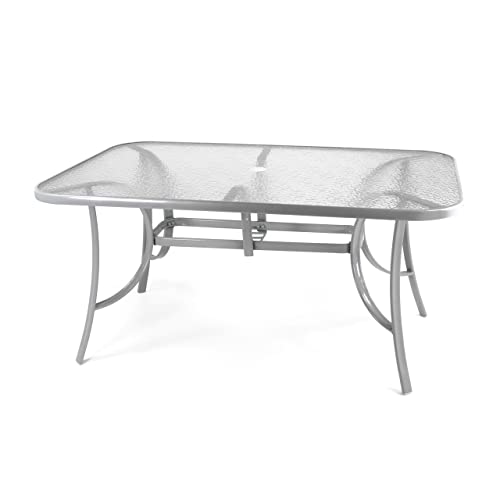 Nexos Trading Gartentisch Esstisch Terrassentisch Glastisch (Glasplatte: klar) – Silber-grau - 150 cm Stahl mit Schirmloch von Nexos Trading