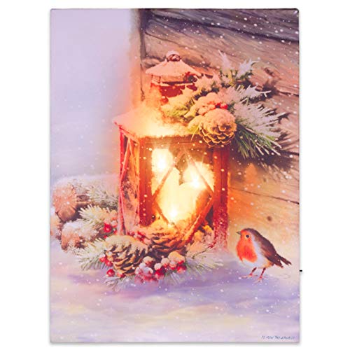 Nexos Trading LED Wandbild Leinwandbild Beleuchtung 30x40cm rote Laterne Fotodruck Kunstdruck Leuchtbild Weihnachten Batterie Winteridylle Effekt-LED Rotkehlchen von Nexos Trading