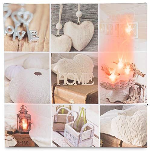 Nexos Trading LED Wandbild Leinwandbild mit Beleuchtung Fotodruck Home Romantic 30 x 30 cm Kunstdruck Leuchtbild Landhaus Vintage-Stil Dekobild mit Aufhänger von Nexos Trading