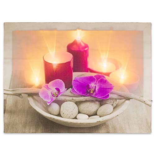 Nexos Trading LED Wandbild Leinwandbild mit Beleuchtung Fotodruck Orchidee 30x40 cm Kunstdruck Leuchtbild 5 warmweiße Flacker Effekt LED Sonnenuntergang Wellness von Nexos Trading