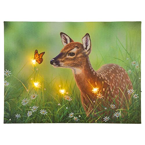 Nexos Trading LED Wandbild Leinwandbild mit Beleuchtung Fotodruck Rehkitz 30x40 cm 4 LED warm weiß mit Timer Kunstdruck Leuchtbild Wiese Vintage-Stil Reh von Nexos Trading