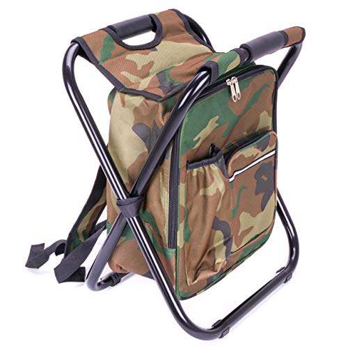 Nexos Trading Campinghocker mit Tasche camouflage, klappbar tragbar Sitzruckrack, Picknicktasche leicht stabil Angelhocker Rucksackstuhl 42x36x29 cm Kühltasche 1,8L Hocker von Nexos Trading