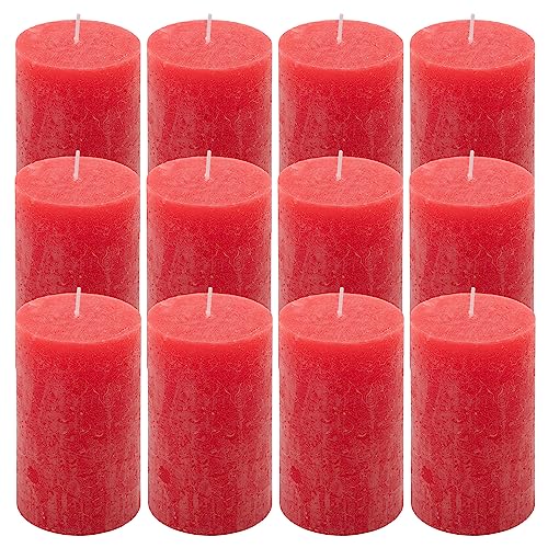 Rustik-Kerze Höhe 11,5 cm Ø 6,8 cm lange Brenndauer Rund-Kerze Säulenkerzen Kerzen-Deko Tafelkerzen Weihnachts-Kerzen Hochzeits-Deko (rot, 12) von Nexos Trading