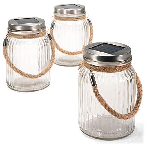 Solarglas 3er Set mit je 3 LED Solar warmweiß mit Aufhänger Einmachglas Gartenbeleuchtung Ø 11cm, Höhe 15,5 cm Party Garten Licht für Außen mit Solarpanel Sonnen Energie Beleuchtung Solarglas 3er Set mit je 3 LED Solar warmweiß mit Aufhänger Einmachglas Gartenbeleuchtung Ø 11cm, Höhe 15,5 cm Party Garten Licht für Außen mit Solarpanel Sonnen Energie Beleuchtung von Nexos Trading