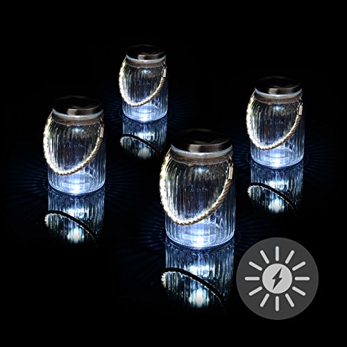 Solarglas 4er Set mit je 3 LED Solar weiß mit Aufhänger Glas Gartenbeleuchtung Ø 11cm, Höhe 15,5 cm Party Garten Licht für Außen mit Solarpanel Sonnen Energie Beleuchtung von Nexos Trading