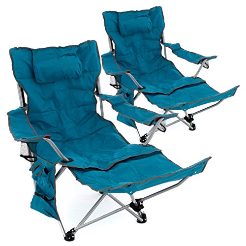 2er Set Campingstuhl Luxus Campingliege gepolstert abnehmbare Fußstütze verstellbar Armlehnen 2 Getränkehalter Kopfkissen 100 kg Polyester Stahlgestell faltbar blau schwarz Farbe wählbar (Blau) von Nexos Trading