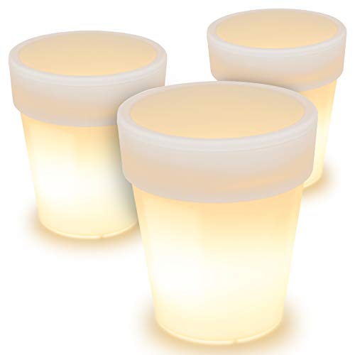 3 x Solar Blumentopf Pflanzkübel mit 3 LED – 19 x 17 cm – Kunststoff weiß – mit Akku Wasserablauf Dämmerungssensor –warmweiß von Nexos Trading