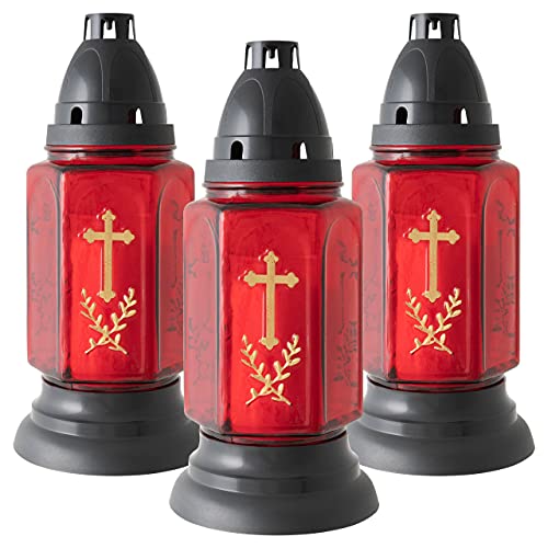 3er Set Glas Grablaterne rot Kreuz Größe 22x10 cm Laterne Friedhofskerze Grablicht Grabkerzen Brenndauer ca. 96 Stunden Outdoor inkl. Deckel von Nexos Trading