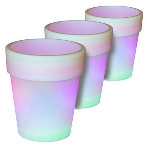 3er Set Solar Blumentopf Pflanzkübel mit 3 LED – 19 x 17 cm – Kunststoff weiß – mit Akku Wasserablauf Dämmerungssensor – Farbwechsel bunt von Nexos Trading