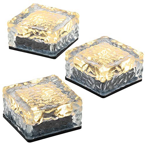 3er Set Solar Glasstein Pflasterstein Bodenleuchte Dekoleuchte mit 4 LED 10 x 10 x 5 cm robustes Milchglas mit Akku & Dämmerungssensor warmweiß von Nexos Trading