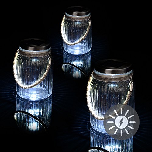 Nexos Trading Solarglas 3er Set mit je 3 LED Solar weiß mit Aufhänger Glas Gartenbeleuchtung Ø 11cm, Höhe 15,5 cm Party Garten Licht für Außen mit Solarpanel Sonnen Energie Beleuchtung von Nexos Trading