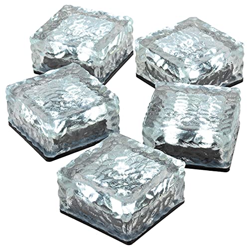 5er Set Solar Glasstein Pflasterstein Bodenleuchte Dekoleuchte mit 4 LED 10 x 10 x 4,5 cm robustes Milchglas mit Akku & Dämmerungssensor weiß von Nexos Trading