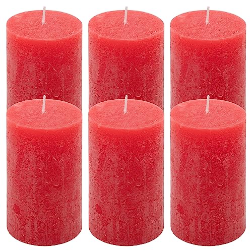 Rustik-Kerze Höhe 11,5 cm Ø 6,8 cm lange Brenndauer Rund-Kerze Säulenkerzen Kerzen-Deko Tafelkerzen Weihnachts-Kerzen Hochzeits-Deko (rot, 6) von Nexos Trading