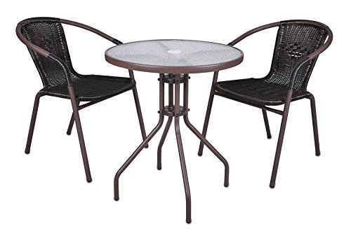 Nexos Trading Bistroset Balkonset Rattanset – Sitzgarnitur aus Glastisch & Bistrostuhl – Stahlgestell Poly-Rattan Glasplatte – robust stapelbar – dunkel-braun von Nexos Trading