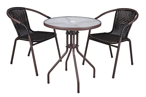 Nexos Bistroset – 1 Glastisch & 2 Stühle – Stahlgestell Poly-Rattan Glasplatte – stapelbar – Farbe: dunkel-braun von Nexos Trading