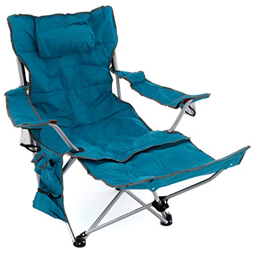 Nexos Trading Campingstuhl Campingliege gepolstert abnehmbare Fußstütze verstellbar Armlehnen 2 Getränkehalter Kopfkissen 100 kg Polyester Stahlgestell blau schwarz faltbar Farbe wählbar (Blau) von Nexos Trading