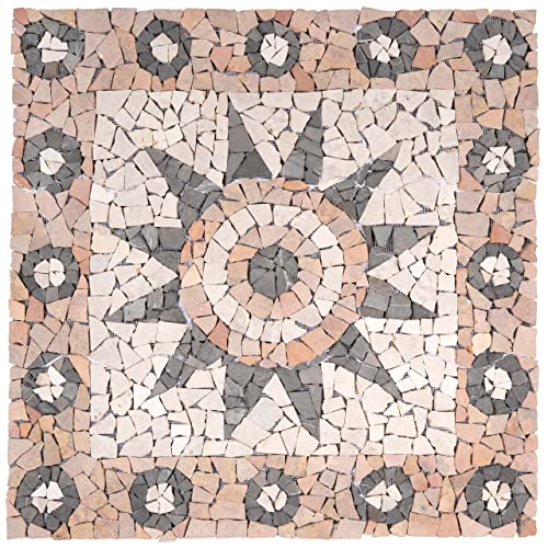 DIVERO Fliesen Rosone Blume Naturstein Mosaik Marmor dekorativ creme-grau- rosé 90 x 90 cm Bodenfliese Dekor-Fliese Fliesen-Bild von Nexos Trading