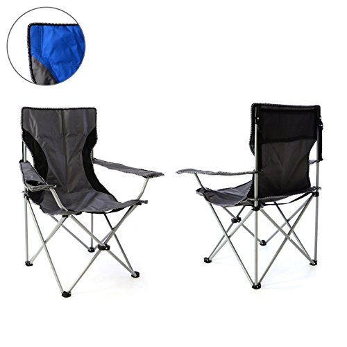 Nexos Trading 2er Set Campingstuhl Faltstuhl blau grau mit Armlehne Getränkehalter Angelstuhl bis 150 kg Tragetasche Polyester Stahlrohr Accessoires-Netz stabil wasserabweisend 90x47x47 cm (Grau) von Nexos Trading