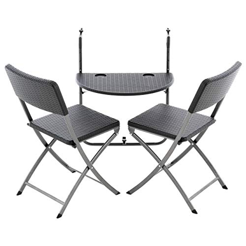 Nexos Trading 3er Balkonmöbel-Set Sitzgruppe Balkonhängetisch Balkontisch Klapptisch mit 2 Klappstühlen Stühle Polyrattan schwarz kompakt klappbar 3 teilig von Nexos Trading