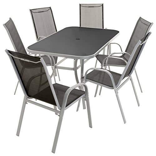 Nexos Trading 7-teiliges Gartenmöbel-Set – Gartengarnitur Sitzgruppe Sitzgarnitur aus Stapelstühlen & Esstisch – Aluminium Kunststoff Glas – schwarz grau von Nexos Trading