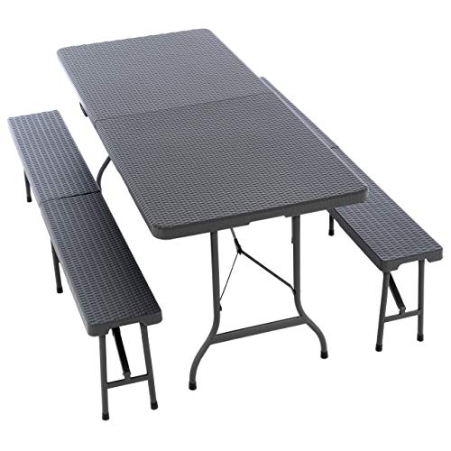 Nexos Trading Bierzeltgarnitur Gartengarnitur 1 Partytisch 2 Bänke klappbar Rattan-Optik anthrazit grau Set Festzelt Campingset Klapptisch robust wetterfest von Nexos Trading